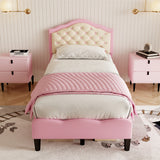 3ft Single Upholstered Bed Frame with Adjustable Chic Button-Tufted Headboard, PU Faux Leather Bed Frame with Solid Wood Slat, No Box Spring Needed, Easy Assembly, Pink+Beige (No Mattress)_1