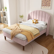 Upholstered bed,Double Bed-4ft6(135*190cm),with slatted frame and headboard, youth bed,wooden slatted support, easy assembly, velvet, pink_0