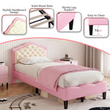 3ft Single Upholstered Bed Frame with Adjustable Chic Button-Tufted Headboard, PU Faux Leather Bed Frame with Solid Wood Slat, No Box Spring Needed, Easy Assembly, Pink+Beige (No Mattress)_7